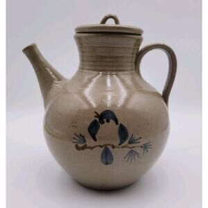 VTG Jugtown Ware Teapot/Pitcher w/Lid Blue Bird Slipware Redware Pottery